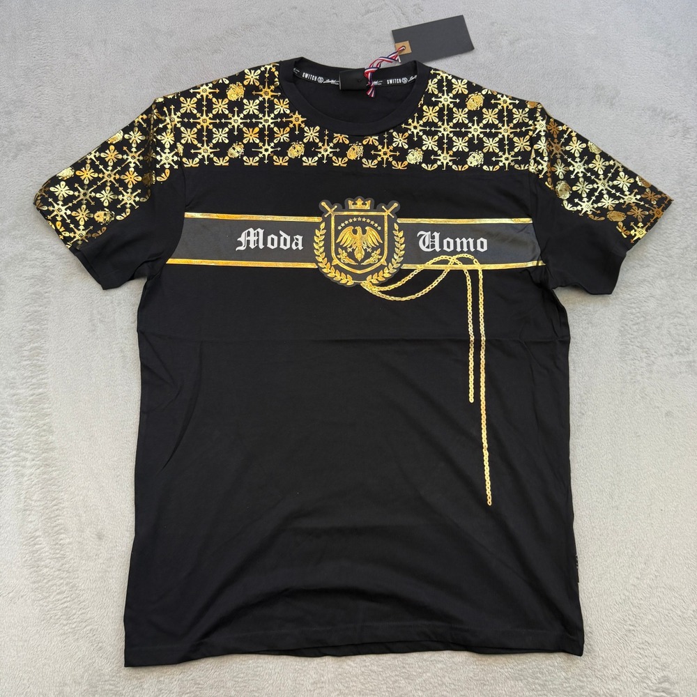Switch Remarkable T Shirt Mens XL Black Gold Moda Uomo Crest Graphic Baroque New